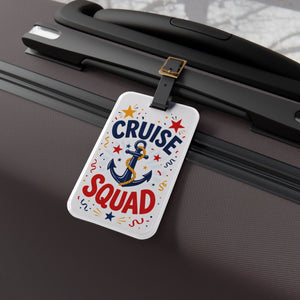 Cruise Squad acrylic luggage tag with navy anchor, red and gold stars, colourful streamers, and adjustable black leather strap