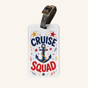 Cruise Squad acrylic luggage tag with navy anchor, red and gold stars, colourful streamers, and adjustable black leather strap