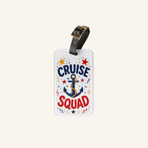 Cruise Squad acrylic luggage tag with navy anchor, red and gold stars, colourful streamers, and adjustable black leather strap