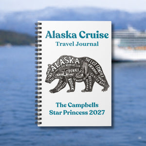 Personalized Alaska Cruise Travel Journal with bear word art design, custom family name, ship name, and year on a spiral notebook cover