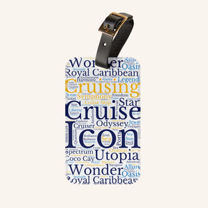 Royal Cruise luggage tag with blue and gold cruise word-art design and adjustable black leather strap.