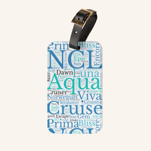 Norwegian Cruise luggage tag with blue and teal cruise word-art design and adjustable black leather strap.