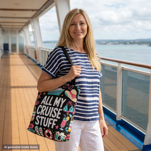 Cruise tote bag with All My Cruise Stuff text and colorful vacation icons