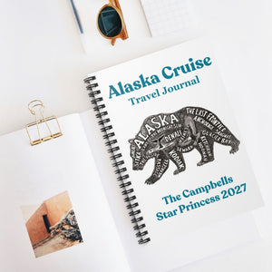 Personalized Alaska Cruise Travel Journal with bear word art design, custom family name, ship name, and year on a spiral notebook cover