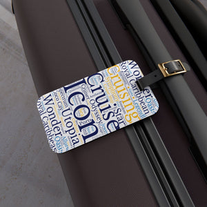 Royal Cruise luggage tag with blue and gold cruise word-art design and adjustable black leather strap.
