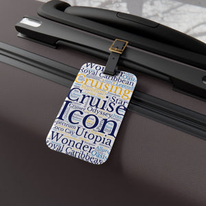 Royal Cruise luggage tag with blue and gold cruise word-art design and adjustable black leather strap.