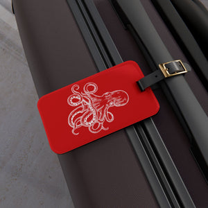Red Octopus Cruise luggage tag with white vintage octopus artwork and adjustable black leather strap.