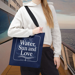 Water, Sun and Love cruise tote bag with navy nautical cruise ship, sun, waves, and anchor design