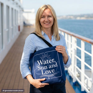 Water, Sun and Love cruise tote bag with navy nautical cruise ship, sun, waves, and anchor design