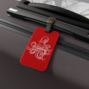 Red Octopus Cruise luggage tag with white vintage octopus artwork and adjustable black leather strap.