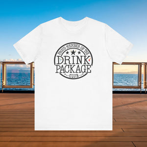 Drink Package Club cruise T-shirt with white circular badge lettering, stars, gold anchors, and colourful cocktail graphics.
