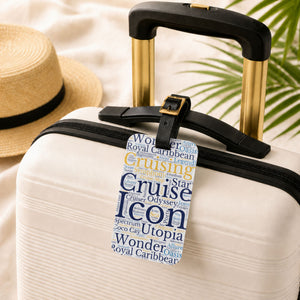 Royal Cruise luggage tag with blue and gold cruise word-art design and adjustable black leather strap.