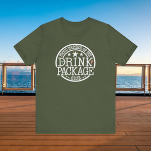 Drink Package Club cruise T-shirt with white circular badge lettering, stars, gold anchors, and colourful cocktail graphics.