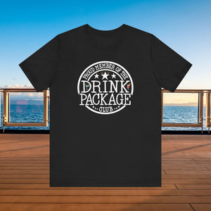 Drink Package Club cruise T-shirt with white circular badge lettering, stars, gold anchors, and colourful cocktail graphics.
