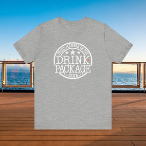 Drink Package Club cruise T-shirt with white circular badge lettering, stars, gold anchors, and colourful cocktail graphics.