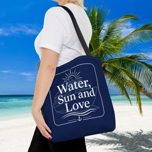 Water, Sun and Love cruise tote bag with navy nautical cruise ship, sun, waves, and anchor design