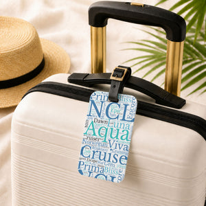 Norwegian Cruise luggage tag with blue and teal cruise word-art design and adjustable black leather strap.