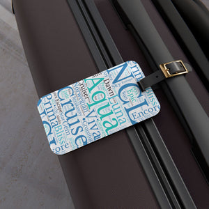 Norwegian Cruise luggage tag with blue and teal cruise word-art design and adjustable black leather strap.