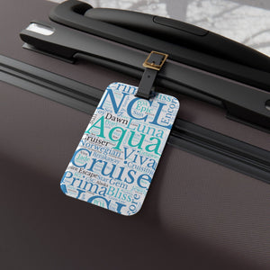 Norwegian Cruise luggage tag with blue and teal cruise word-art design and adjustable black leather strap.