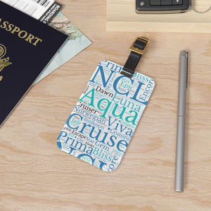 Norwegian Cruise luggage tag with blue and teal cruise word-art design and adjustable black leather strap.