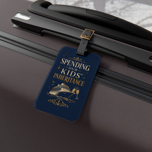 Spending Our Kids’ Inheritance cruise luggage tag with navy and gold design, cruise ship artwork, and black leather strap
