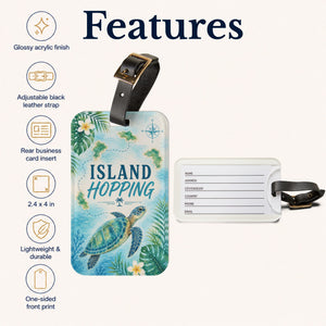 Island Hopping cruise luggage tag with sea turtle, tropical islands, flowers, palm leaves, and black strap