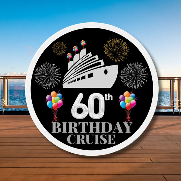 60th Birthday Cruise Door Magnet Round Silver Ship Cruise Door Magnets   