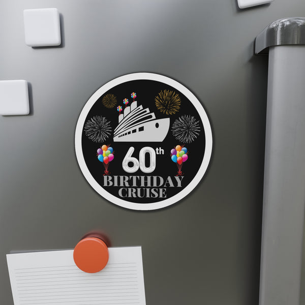 60th Birthday Cruise Door Magnet Round Silver Ship Cruise Door Magnets 5" x 5"  