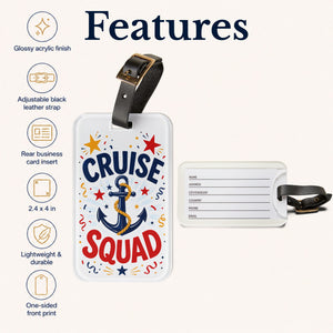 Cruise Squad acrylic luggage tag with navy anchor, red and gold stars, colourful streamers, and adjustable black leather strap