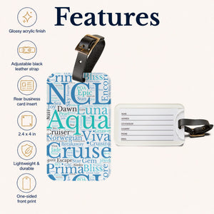 Norwegian Cruise luggage tag with blue and teal cruise word-art design and adjustable black leather strap.