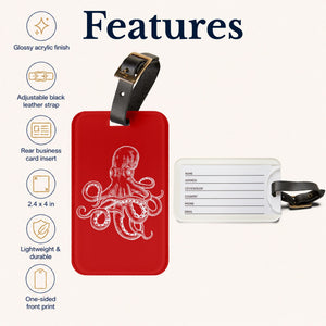 Red Octopus Cruise luggage tag with white vintage octopus artwork and adjustable black leather strap.