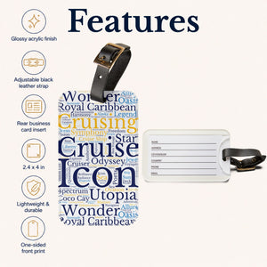 Royal Cruise luggage tag with blue and gold cruise word-art design and adjustable black leather strap.