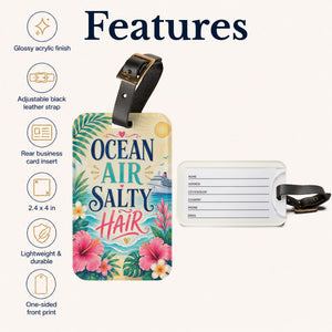Ocean Air Salty Hair cruise luggage tag with tropical flowers, ocean waves, cruise ship artwork, and black leather strap