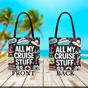 Cruise tote bag with All My Cruise Stuff text and colorful vacation icons Front and Back