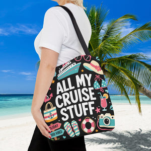 Cruise tote bag with All My Cruise Stuff text and colorful vacation icons
