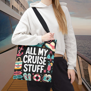 Cruise tote bag with All My Cruise Stuff text and colorful vacation icons