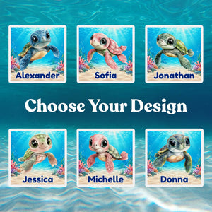 Square personalized cruise door magnet with a blue baby sea turtle, underwater coral scene