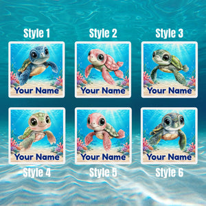 Square personalized cruise door magnet with a blue baby sea turtle, underwater coral scene