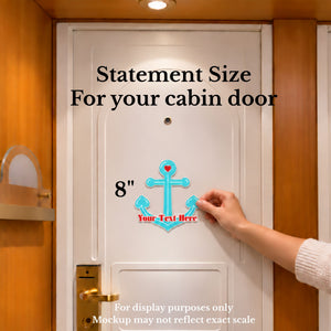 Personalized cruise door magnet featuring a turquoise anchor, red heart, white border in retro lettering