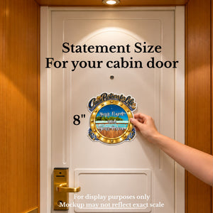 Personalized Cruise Partners for Life cruise door magnet with gold porthole design, custom names, and scenic ocean background