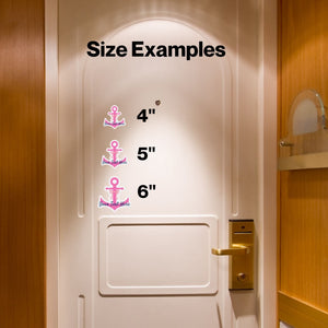 Pink anchor-shaped magnet with a light pink printed bow, white border and navy script