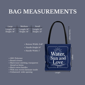 Water, Sun and Love cruise tote bag with navy nautical cruise ship, sun, waves, and anchor design Measurements