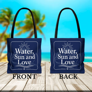 Water, Sun and Love cruise tote bag with navy nautical cruise ship, sun, waves, and anchor design 13 inch front and back
