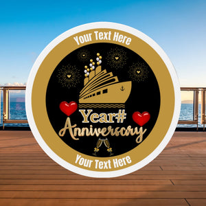 Personalized anniversary cruise door magnet with custom text, anniversary number, gold cruise ship, fireworks, hearts, and champagne glasses